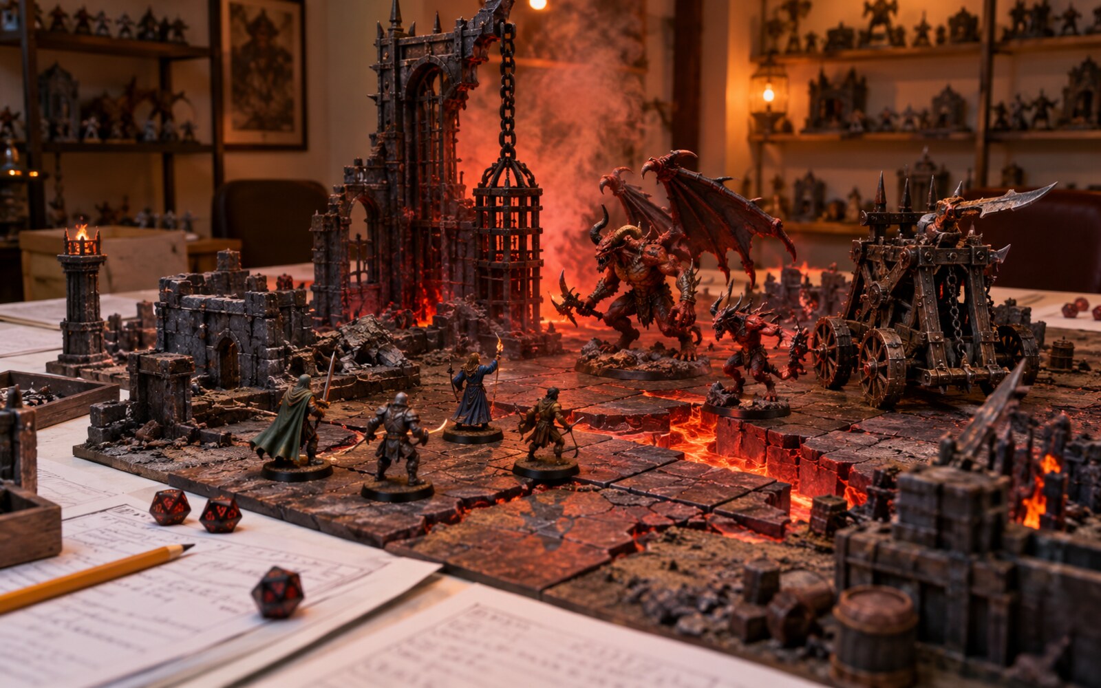A real tabletop setup with adventurer and monster miniatures on illuminated infernal terrain