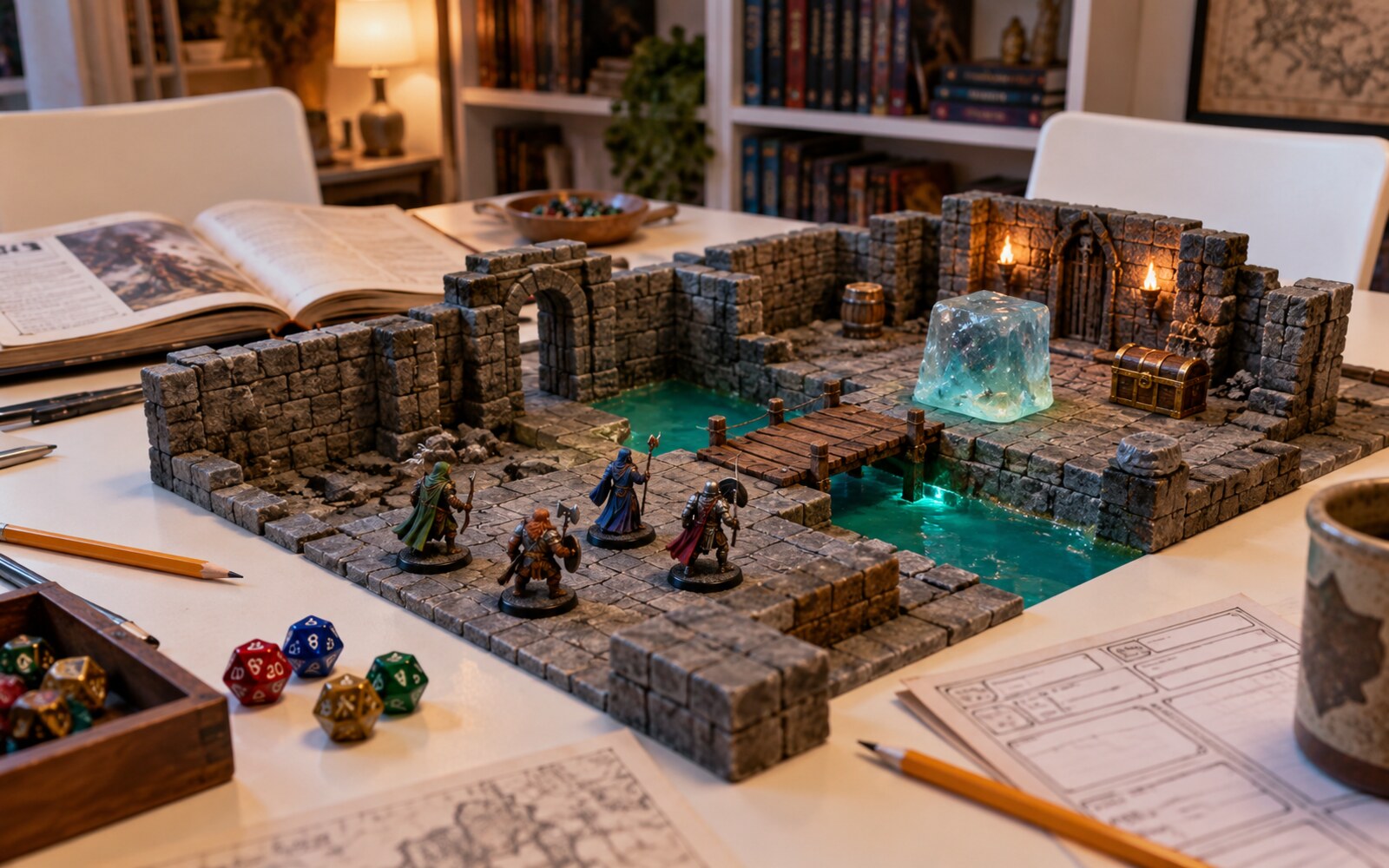 A real tabletop setup prepared with modular dungeon tiles, hero miniatures, dice and character sheets