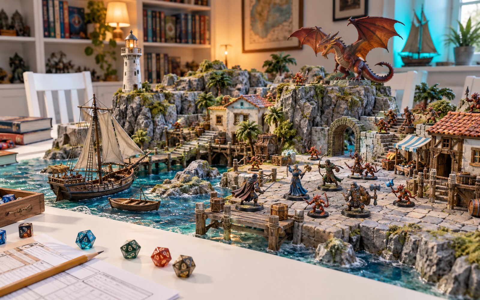 A real tabletop setup with colourful hero miniatures defending modular coastal terrain from a dragon